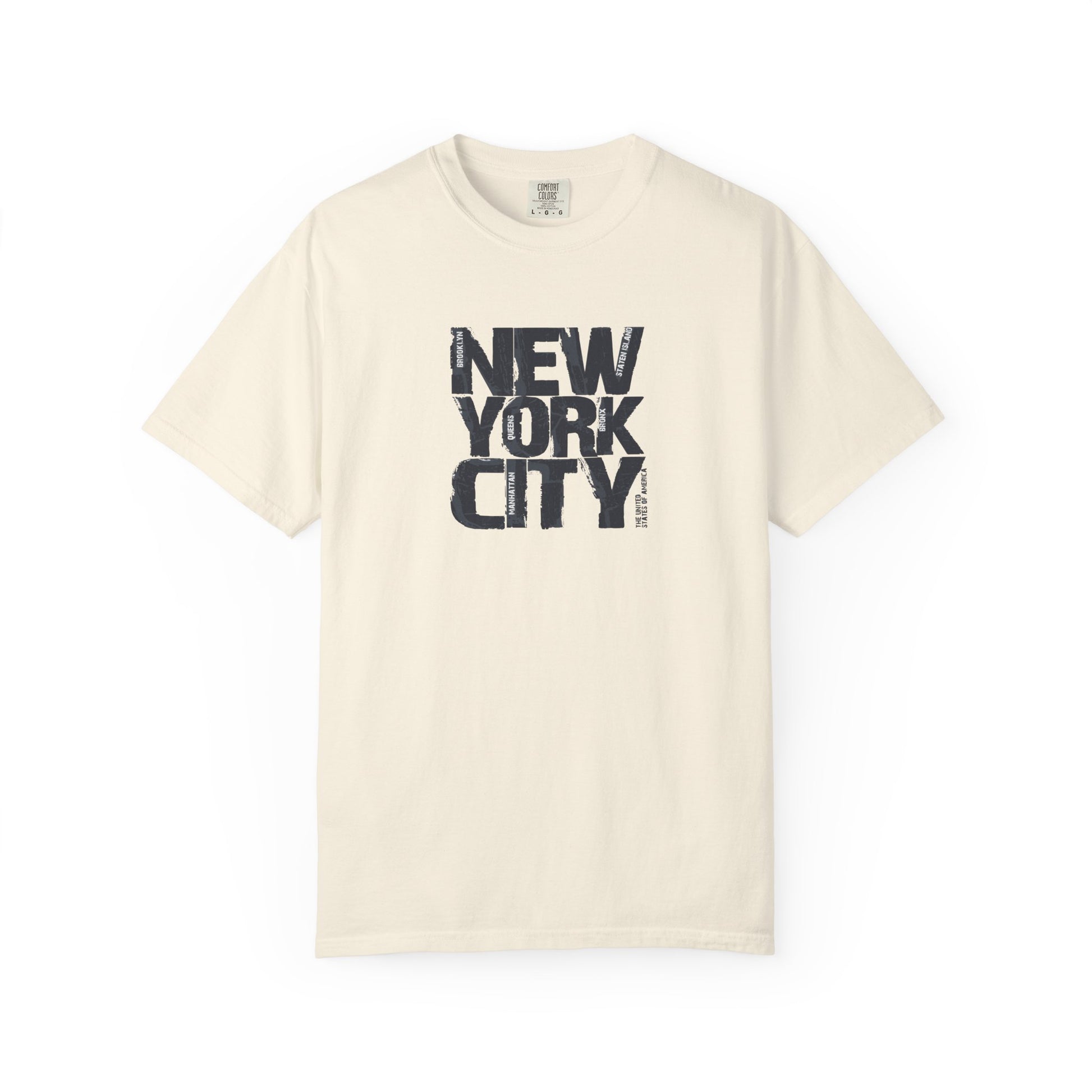 Beige t-shirt with 'New York City' text on a white background