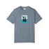 Gray t-shirt with a tropical graphic on a white background