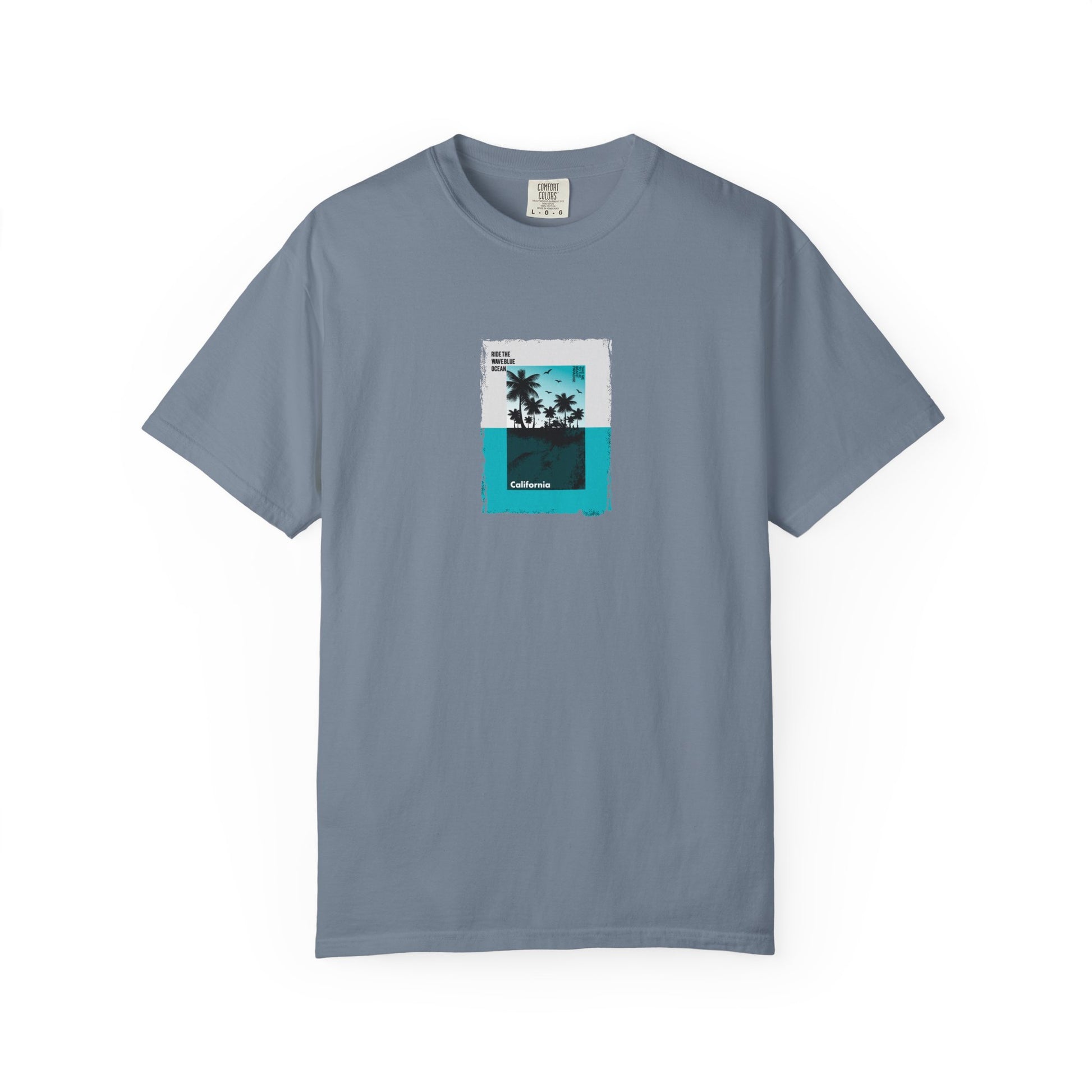 Gray t-shirt with a tropical graphic on a white background