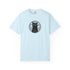 A light blue short-sleeve crewneck t-shirt featuring a black circular graphic of a cat with a pentagram design on the chest, displayed against a clean white background.