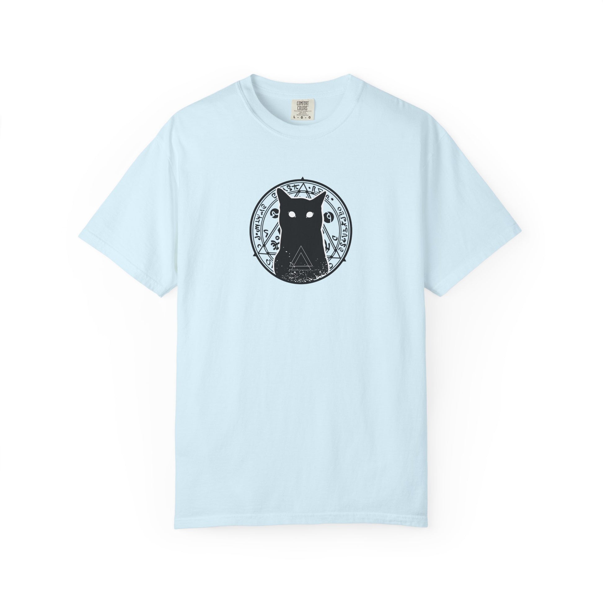 A light blue short-sleeve crewneck t-shirt featuring a black circular graphic of a cat with a pentagram design on the chest, displayed against a clean white background.