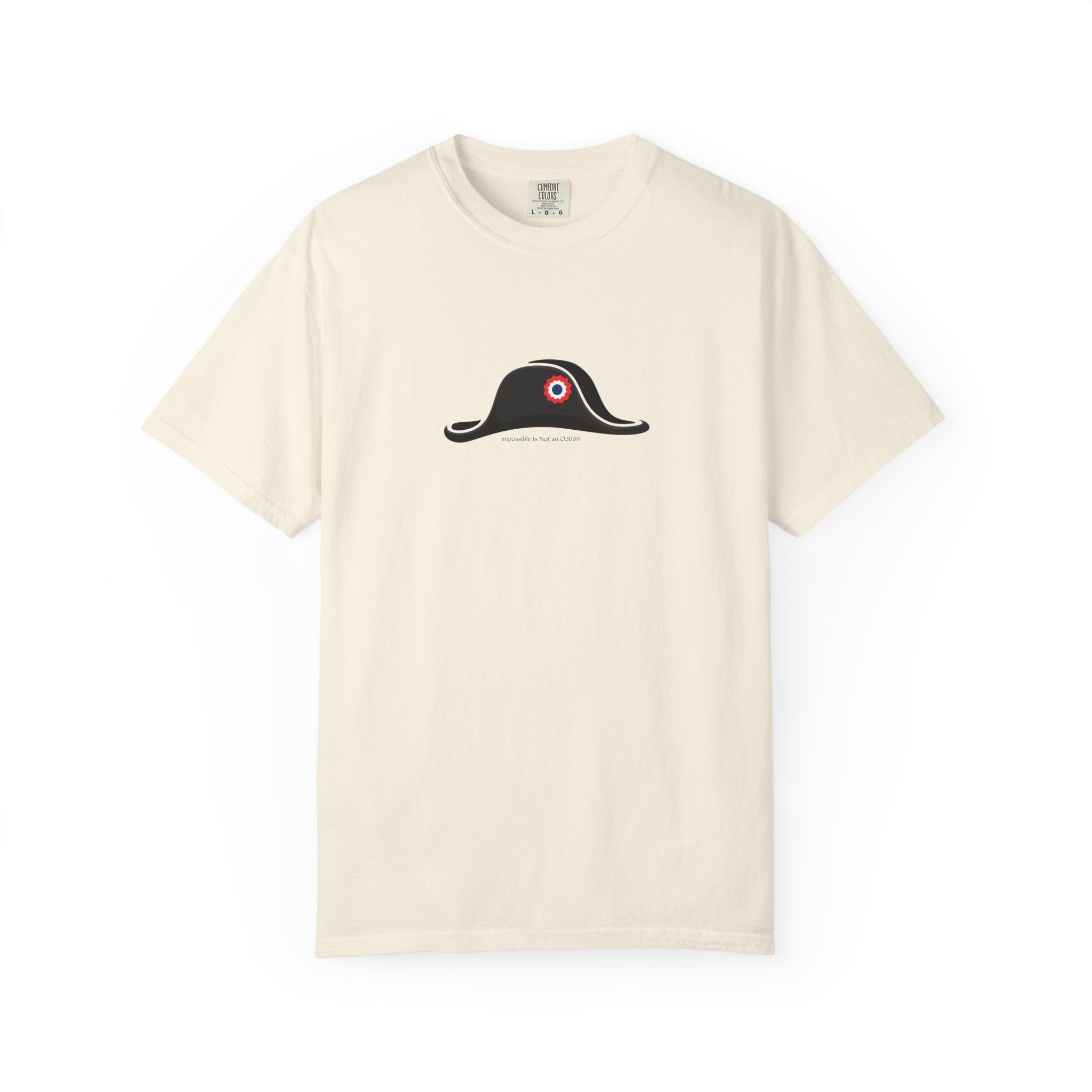 Napoleon hat minimalist graphic t-shirt with French rosette design on cream shirt