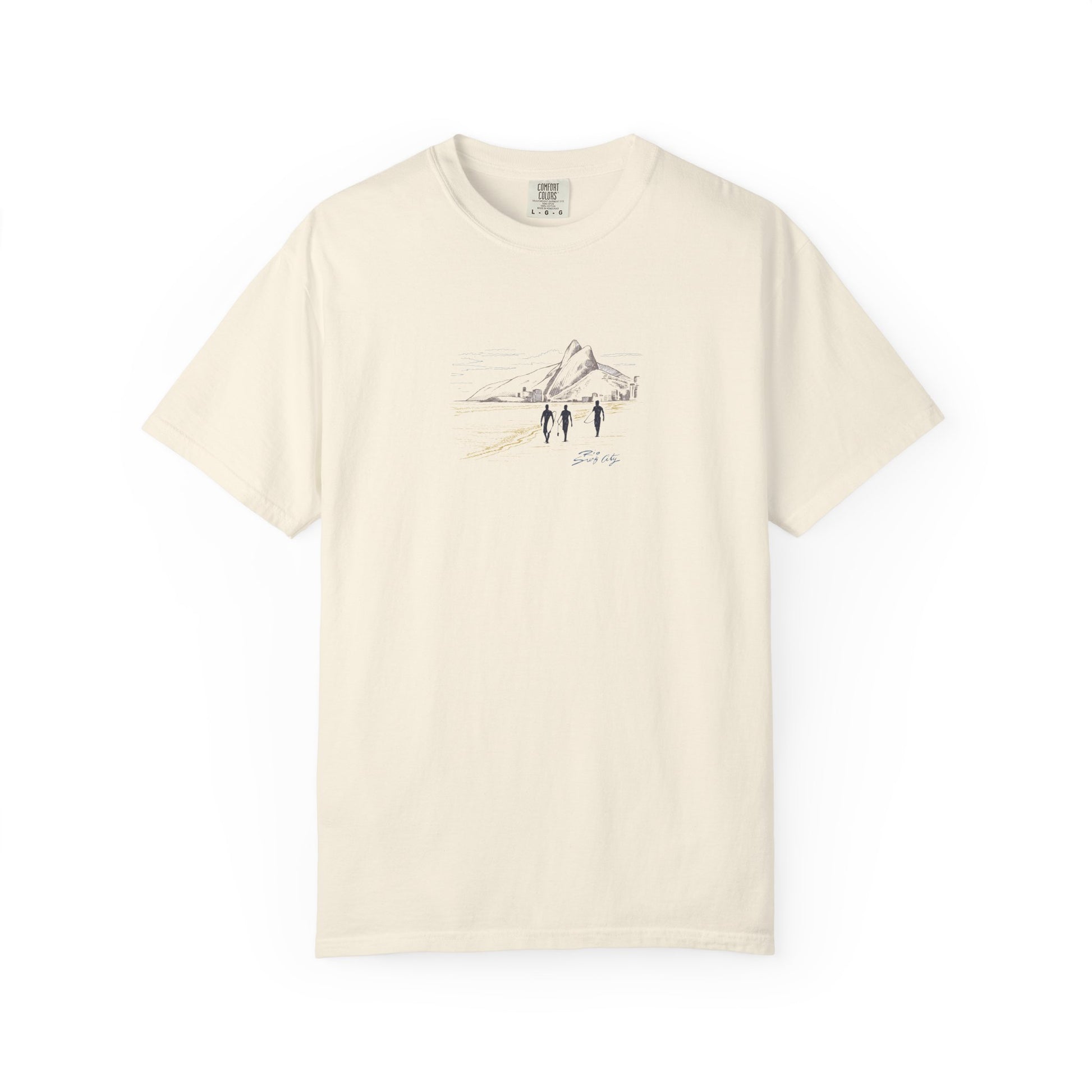 Beige t-shirt with a graphic design on a white background