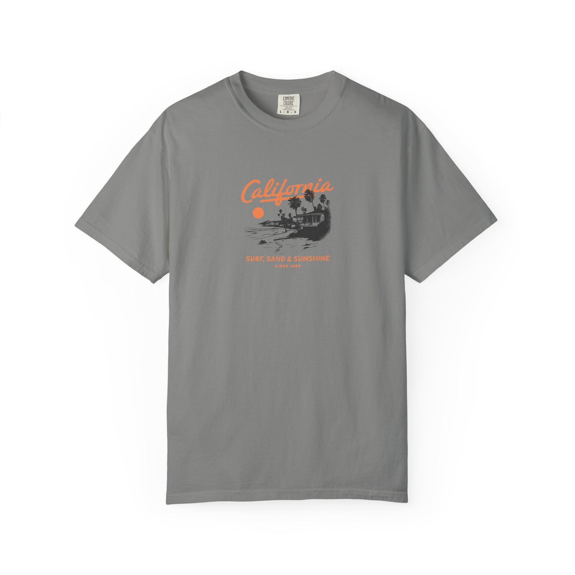 Gray t-shirt with 'California' graphic design on a white background