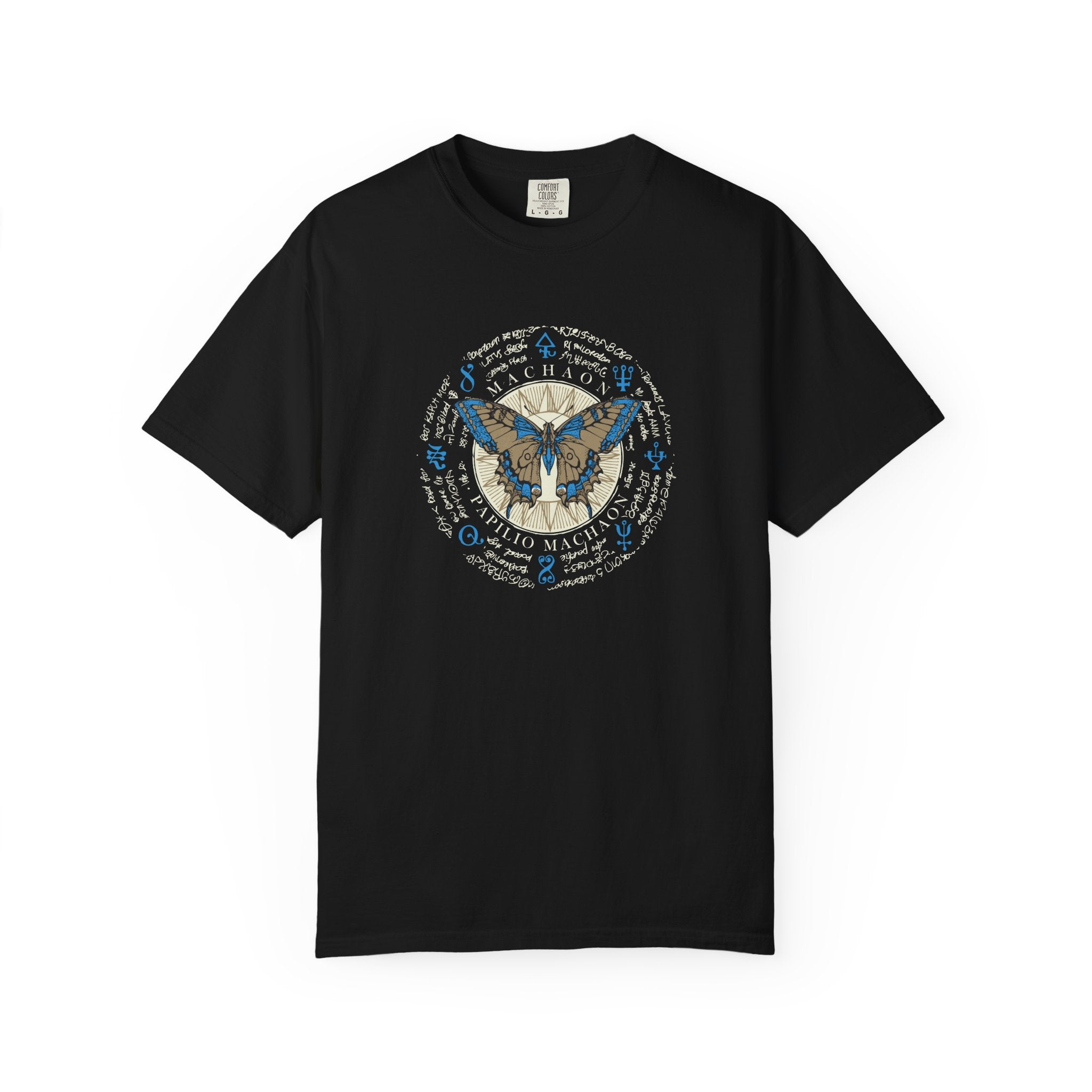 Black t-shirt with mountain graphic and text on a white background