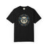Black t-shirt with mountain graphic and text on a white background