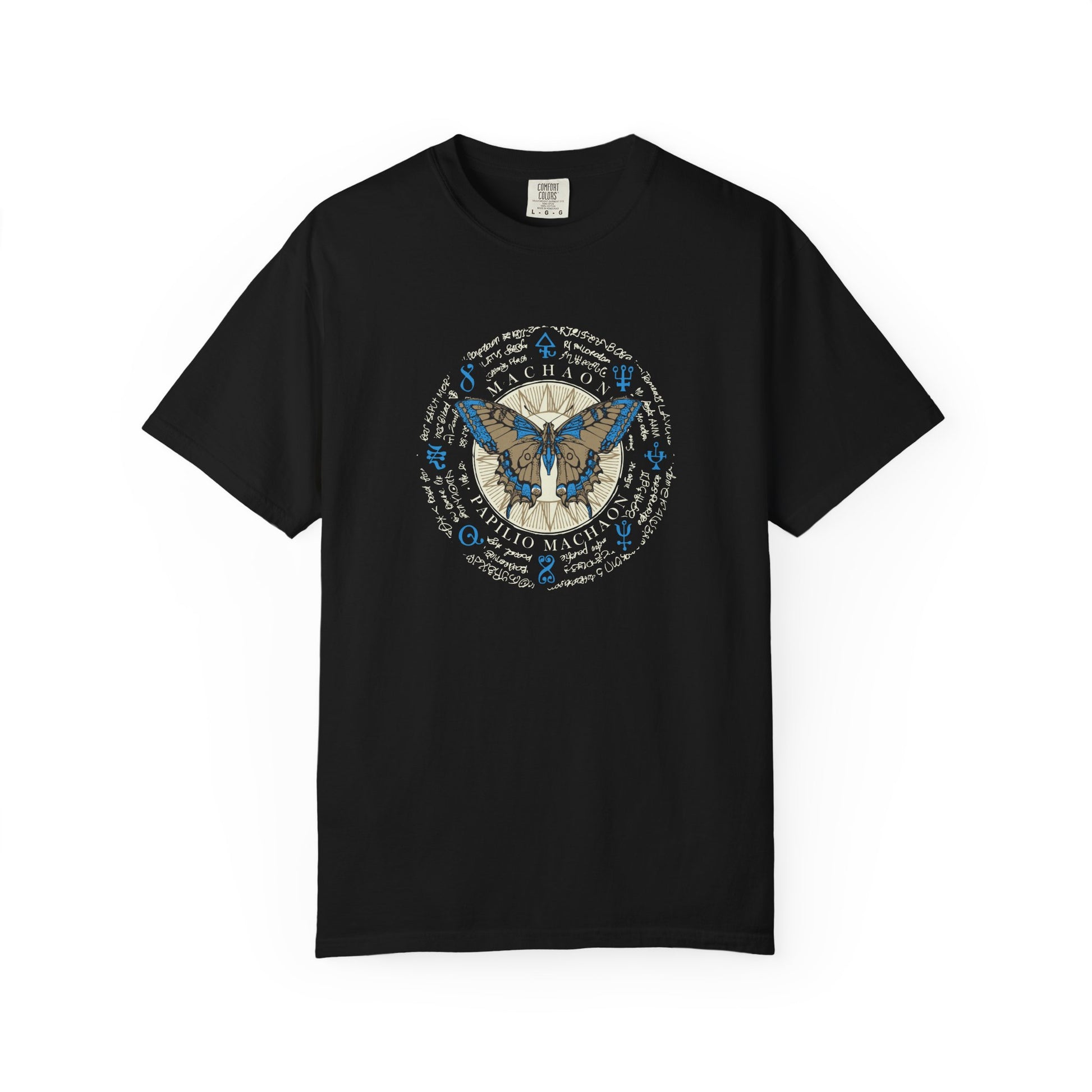 Black t-shirt with mountain graphic and text on a white background
