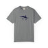Gray t-shirt with a shark graphic on a white background