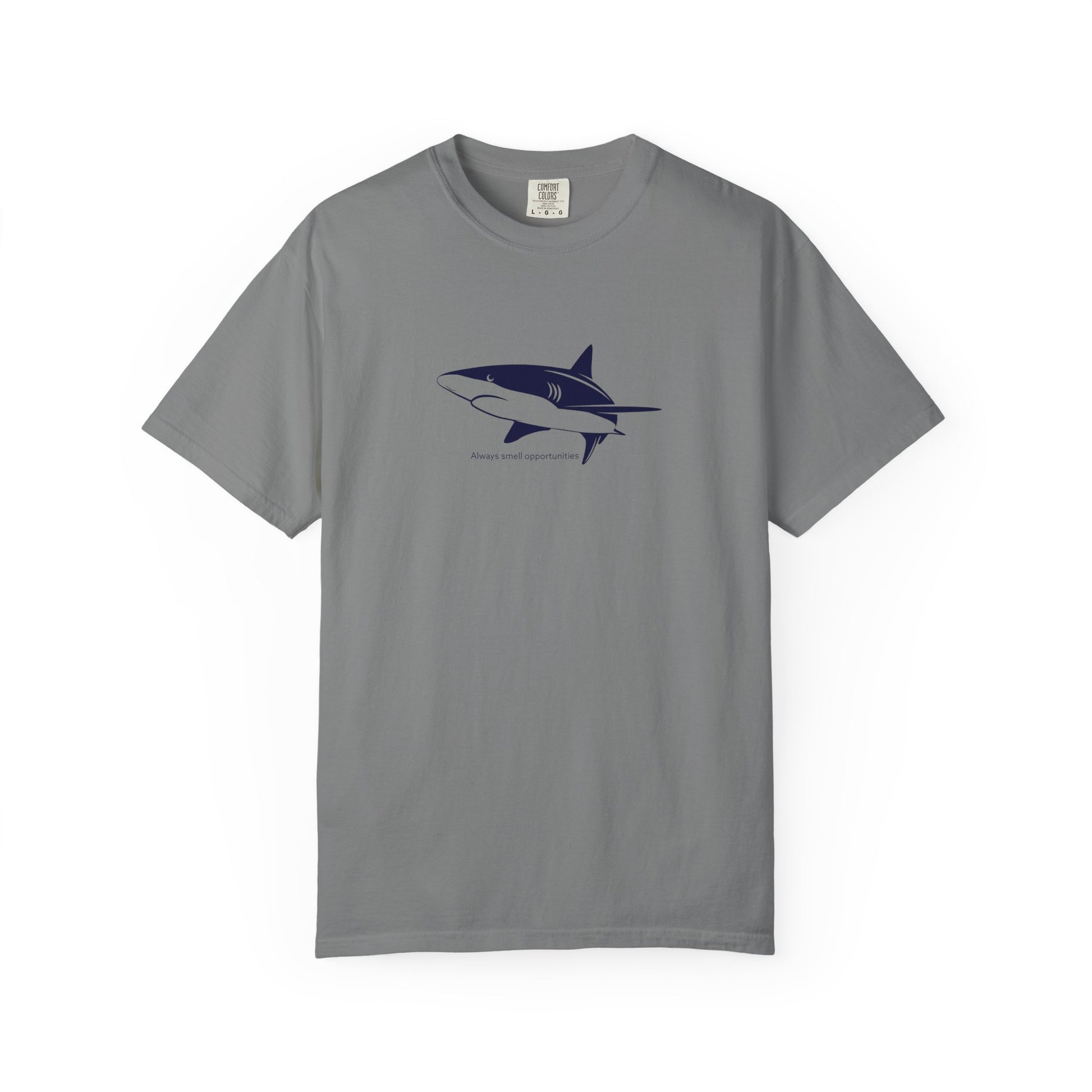 Gray t-shirt with a shark graphic on a white background