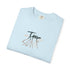Light blue t-shirt with graphic design on a white background