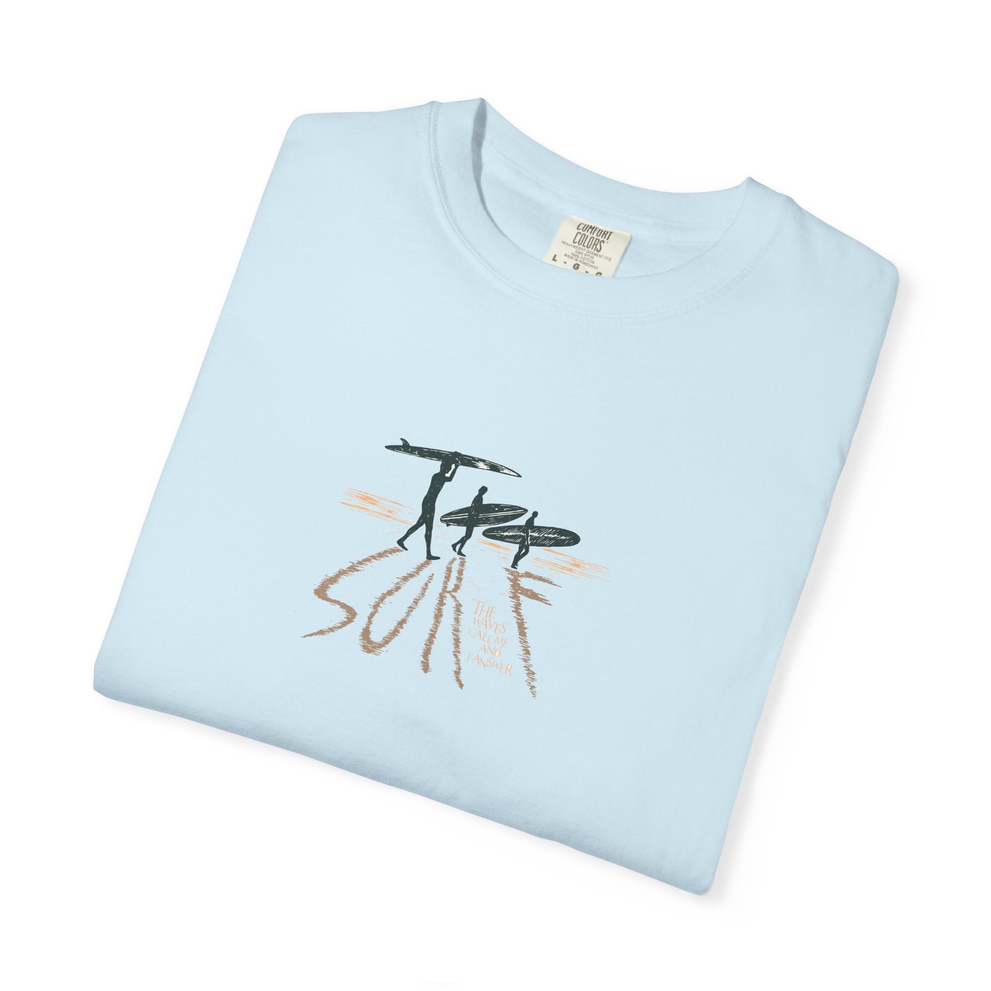 Light blue t-shirt with graphic design on a white background