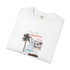 White t-shirt with travel-themed graphic on a white background