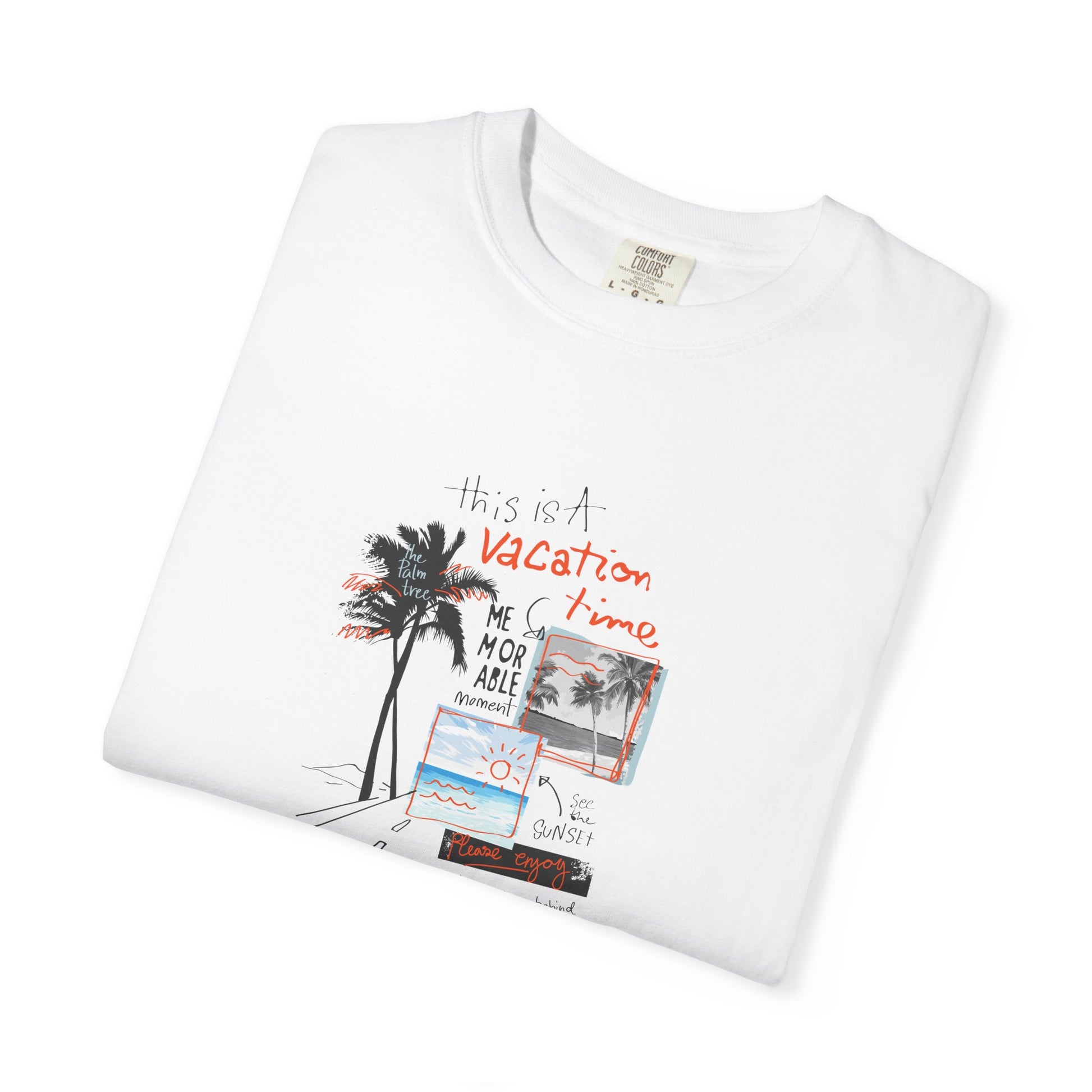 White t-shirt with travel-themed graphic on a white background