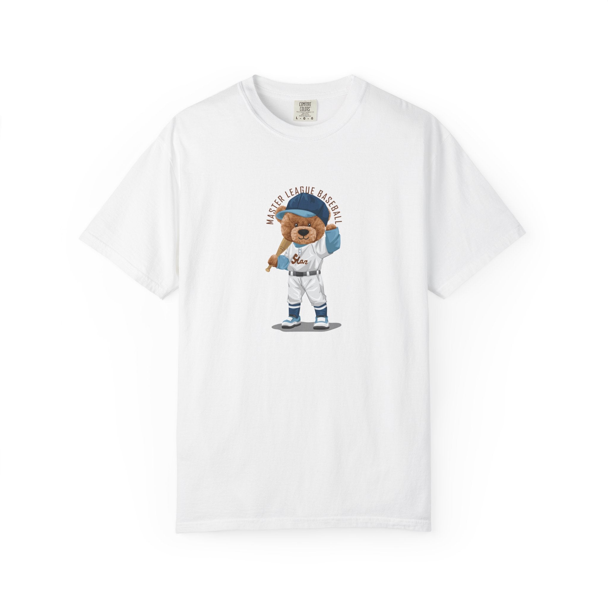 White t-shirt with a bear wearing a baseball uniform on a white background