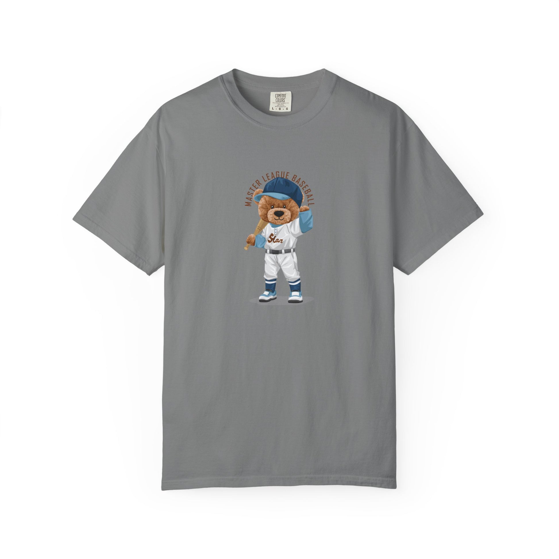  t-shirt with a bear graphic in a baseball uniform on a white background