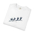A folded white short-sleeve t-shirt with a dark navy blue graphic print of four surfers on a beach. The brand name 'SOUR PINE AESTHETIC' is printed in small text below the graphic.