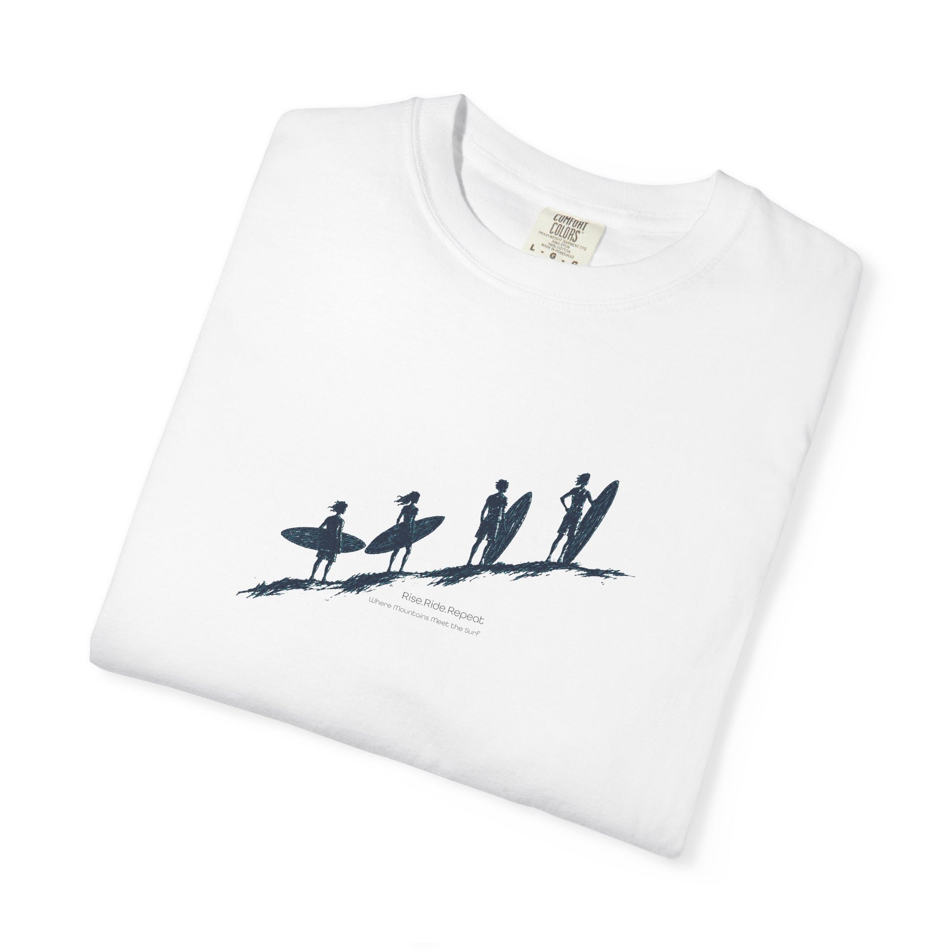 A folded white short-sleeve t-shirt with a dark navy blue graphic print of four surfers on a beach. The brand name 'SOUR PINE AESTHETIC' is printed in small text below the graphic.