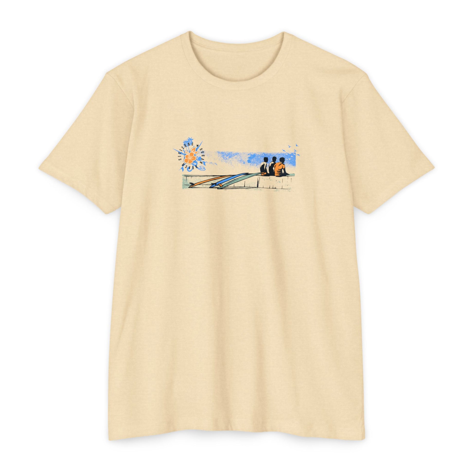 Beige Ocean surf lifestyle graphic tee with surfboards and surfers coastal beach scene