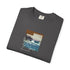 Folded dark gray t-shirt with Santa Monica Beach graphic on a white background