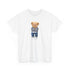 White t-shirt with a teddy bear graphic on a white background