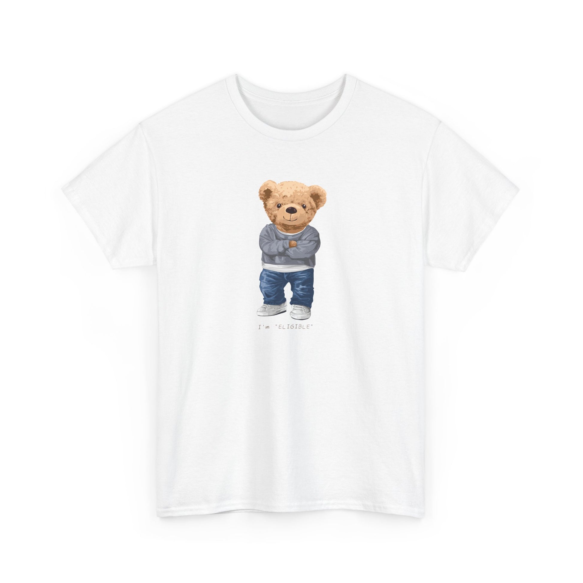 White t-shirt with a teddy bear graphic on a white background