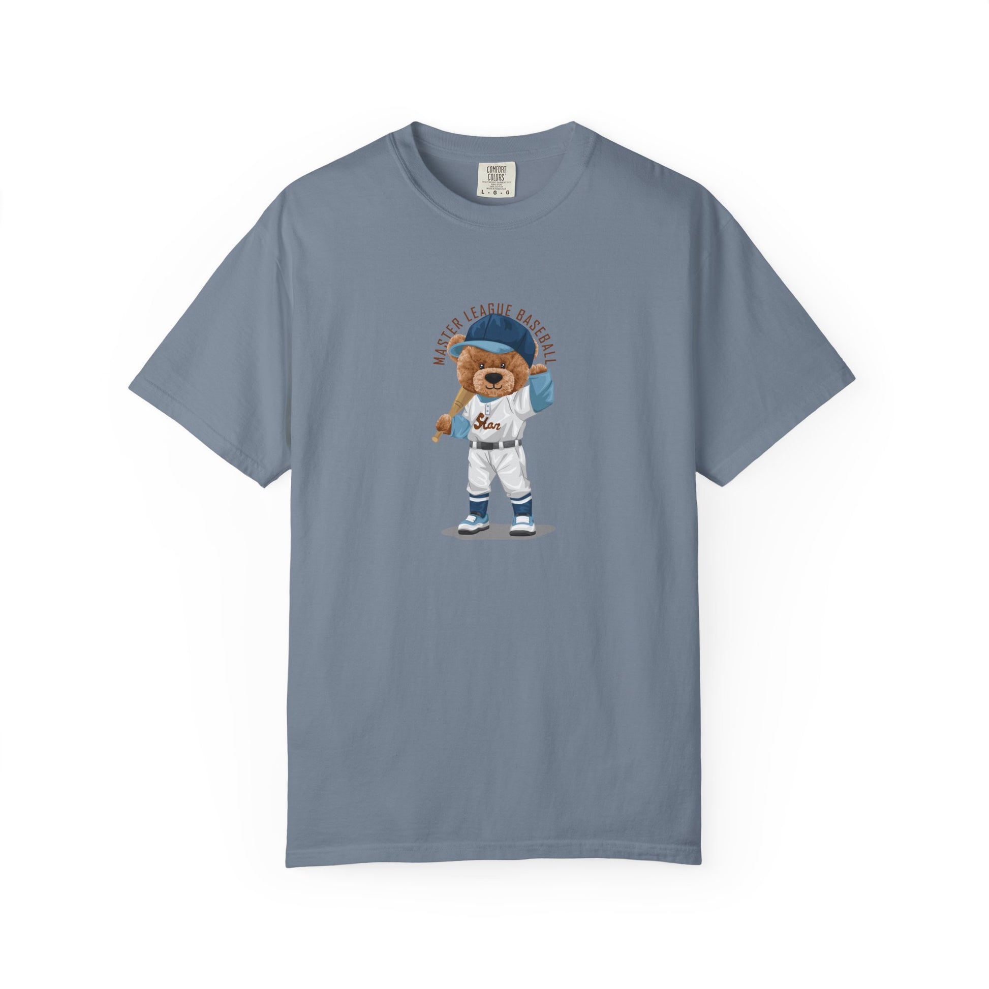 Gray t-shirt with a bear in a baseball uniform on a white background