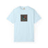 A light blue short-sleeve crewneck t-shirt with a square graphic print on the center chest, displayed flat against a solid white background.