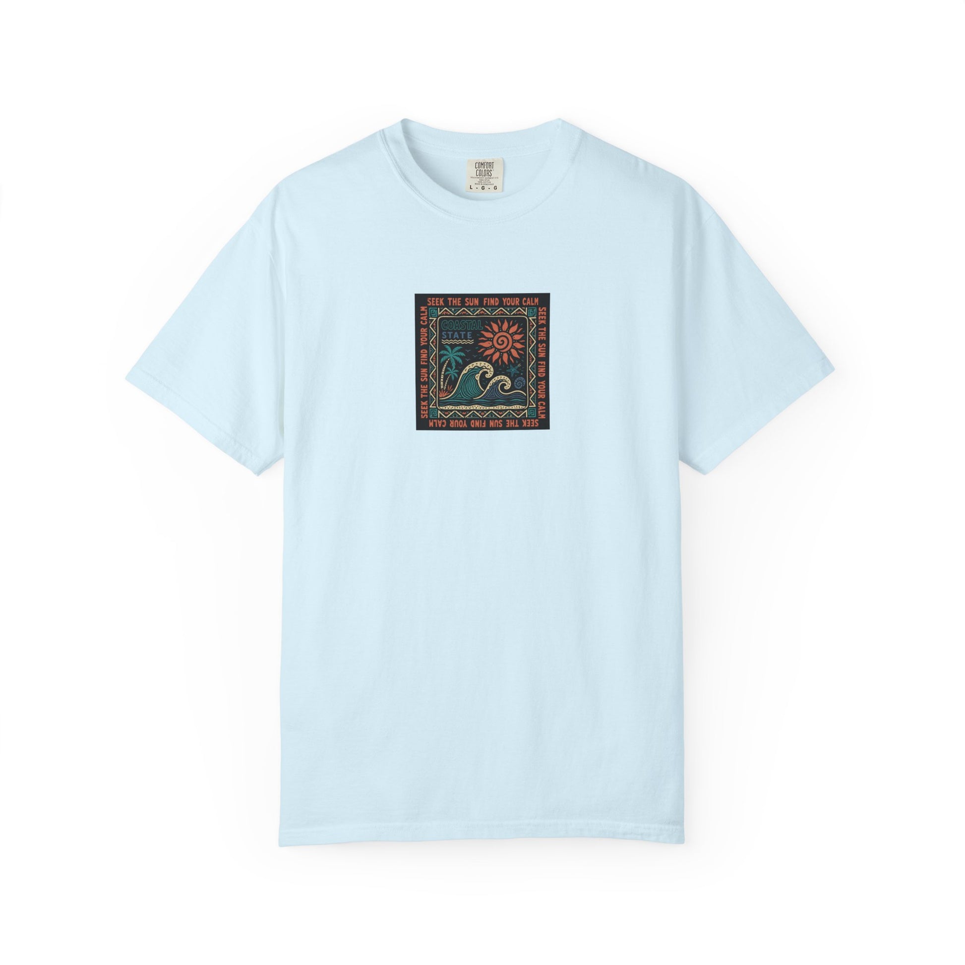 A light blue short-sleeve crewneck t-shirt with a square graphic print on the center chest, displayed flat against a solid white background.