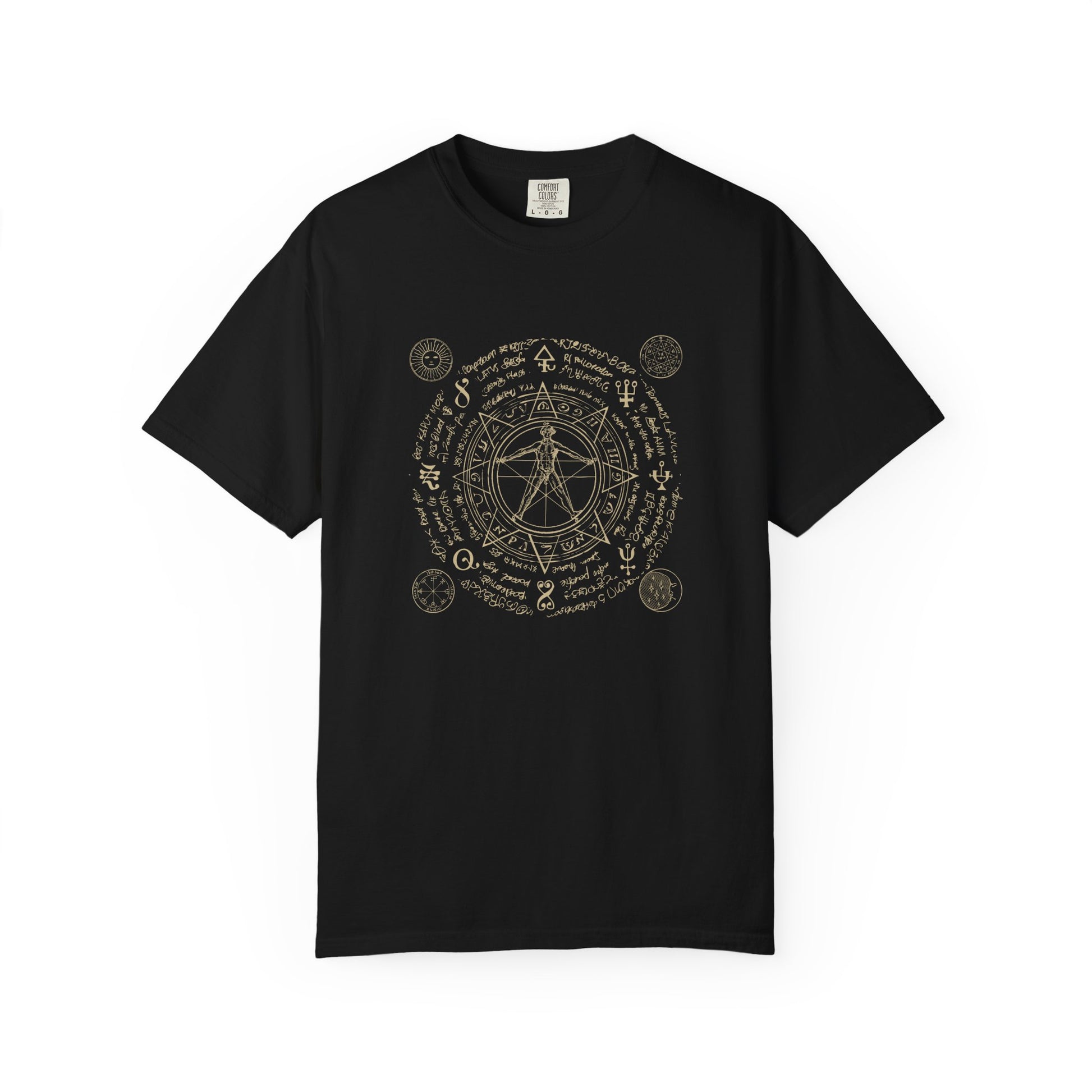 Black sacred geometry graphic t-shirt