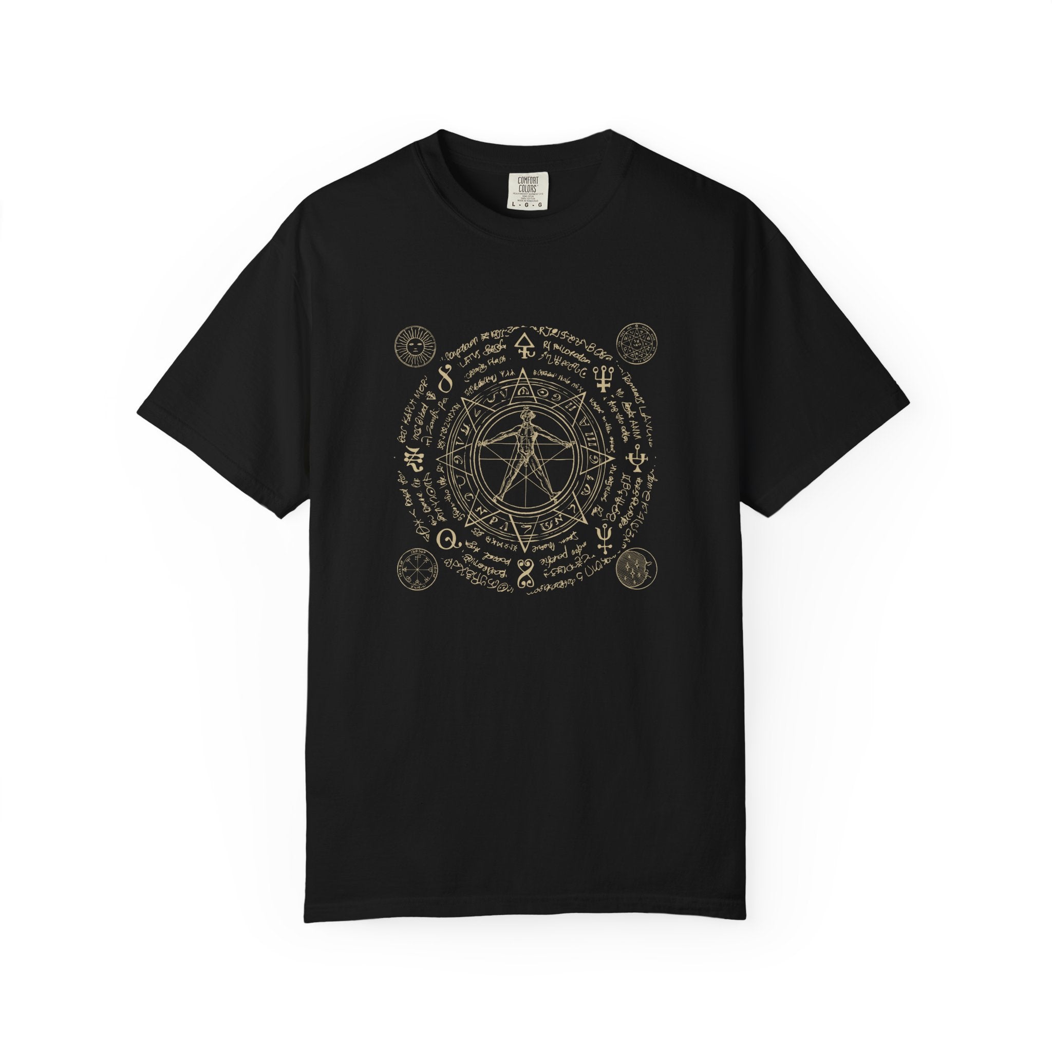 black t-shirt with sacred geometry and mystical symbols design