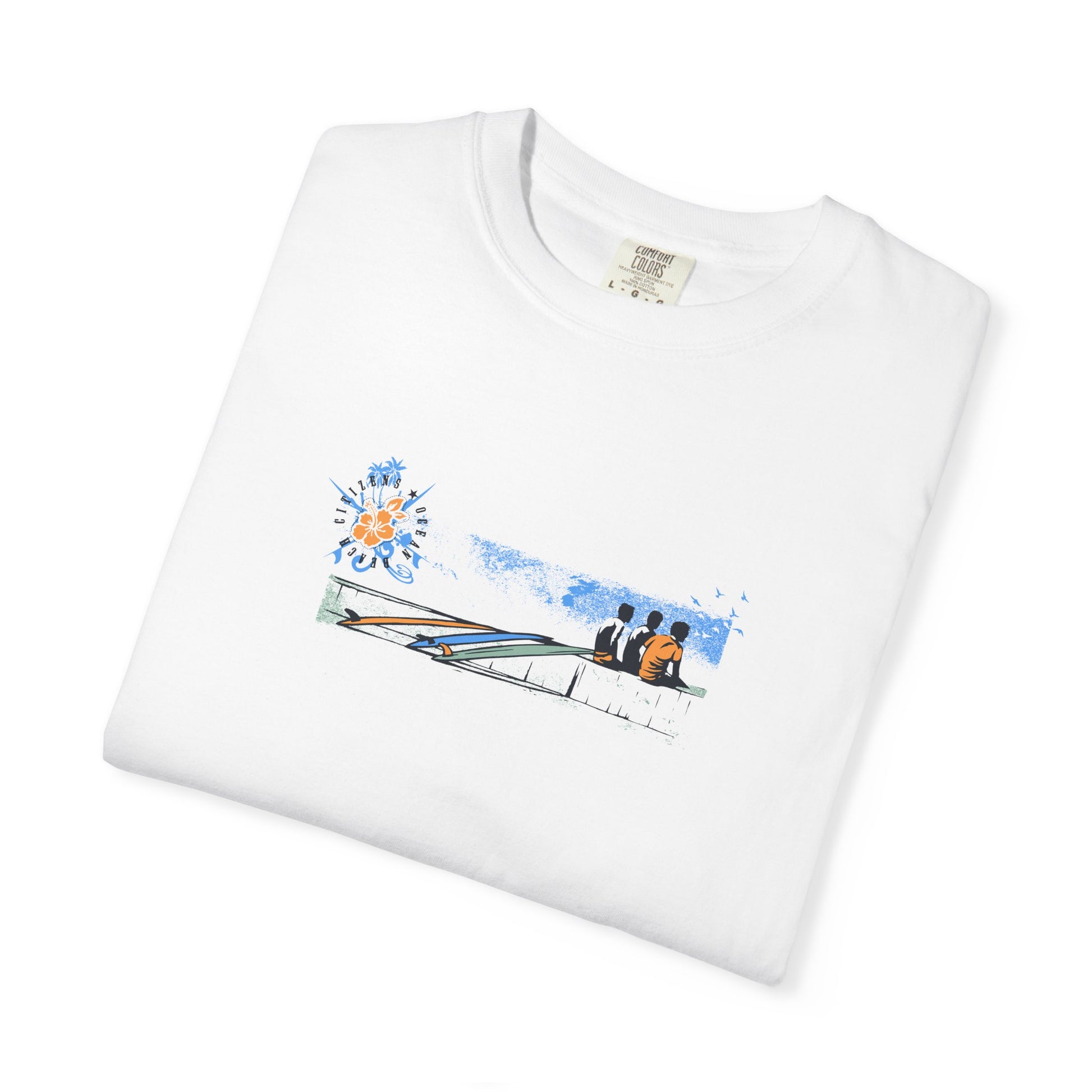 White t-shirt with a colorful graphic design on a white background