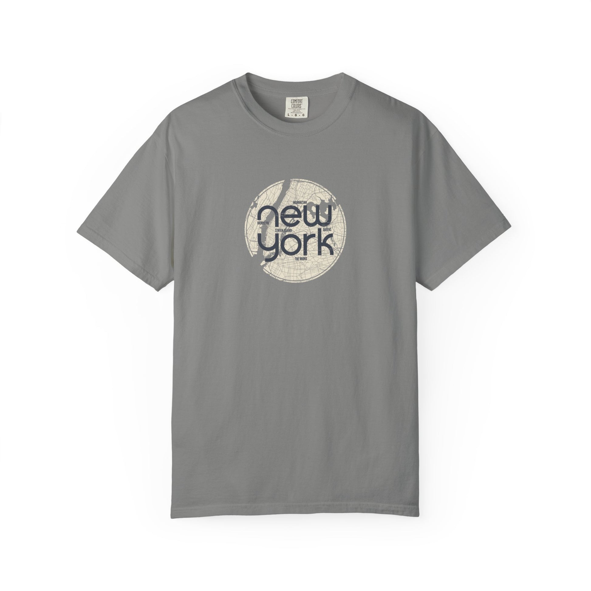 Gray t-shirt with 'New York' graphic on a white background
