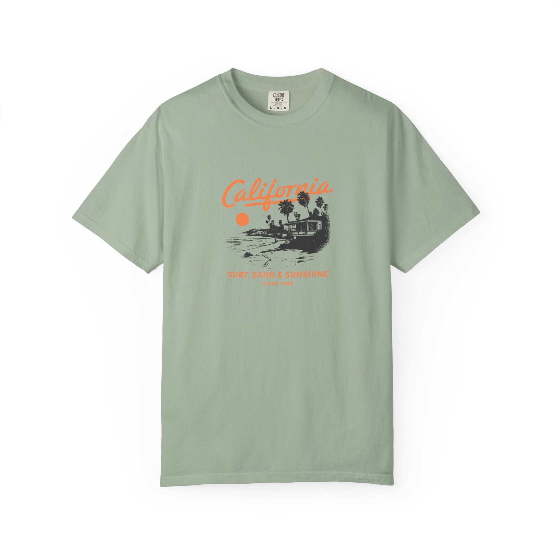 California Surfboard Graphic T-Shirt — 'California: Surf, Sand & Sunshine' Vintage Beach Tee