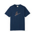 Minimalist surfboard fin and wave line graphic t-shirt on navy blue shirt