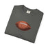 Folded gray t-shirt with a brown football graphic on a white background