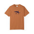 Brown t-shirt with a shark graphic on a white background