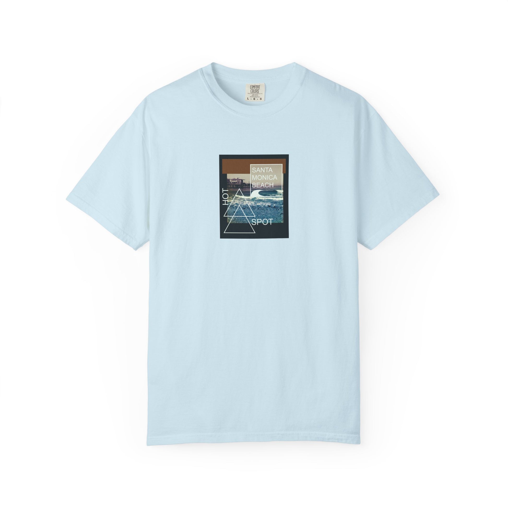 Light blue t-shirt with a graphic design on a white background