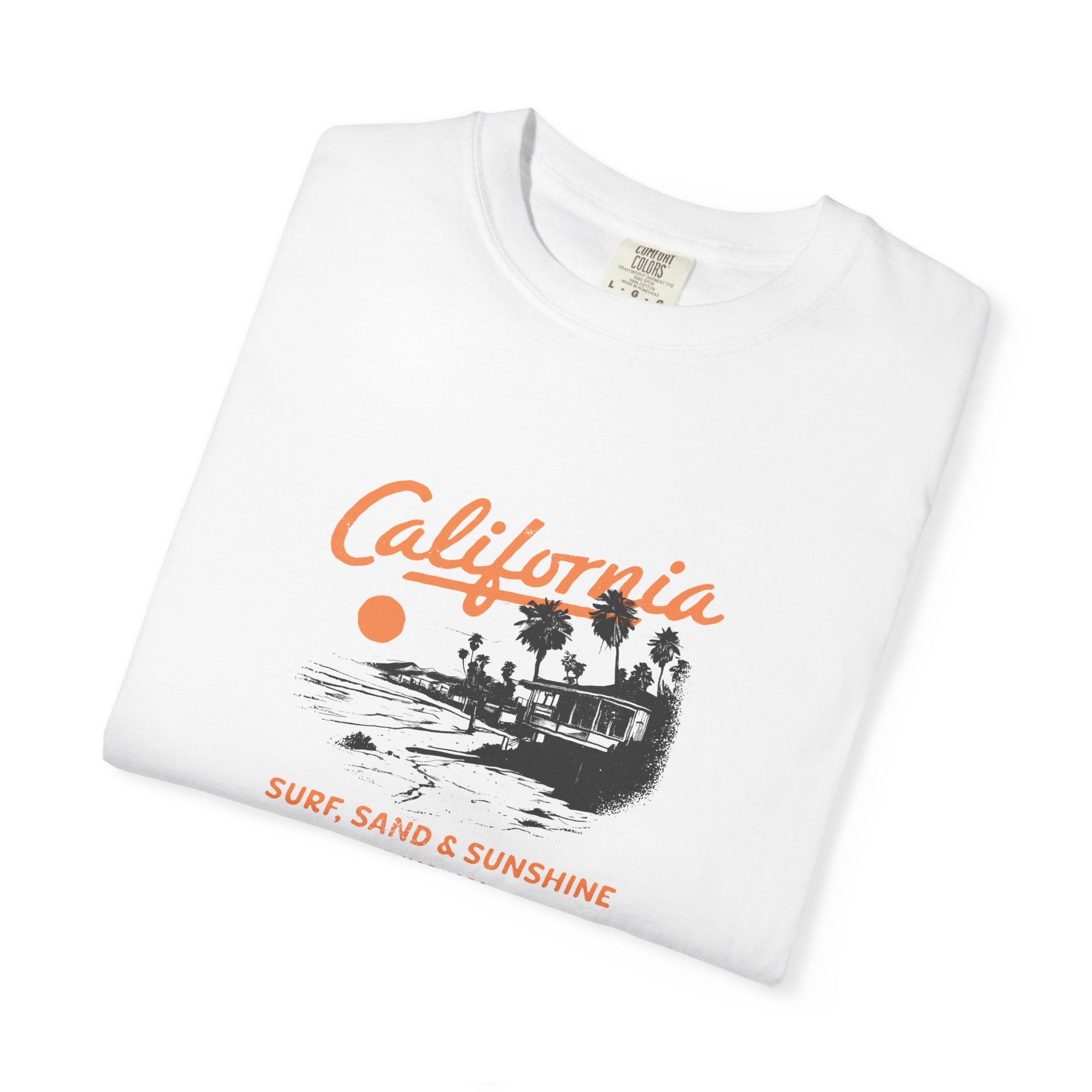 California Surfboard Graphic T-Shirt — 'California: Surf, Sand & Sunshine' Vintage Beach Tee
