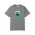 Gray t-shirt with a tropical graphic on a white background