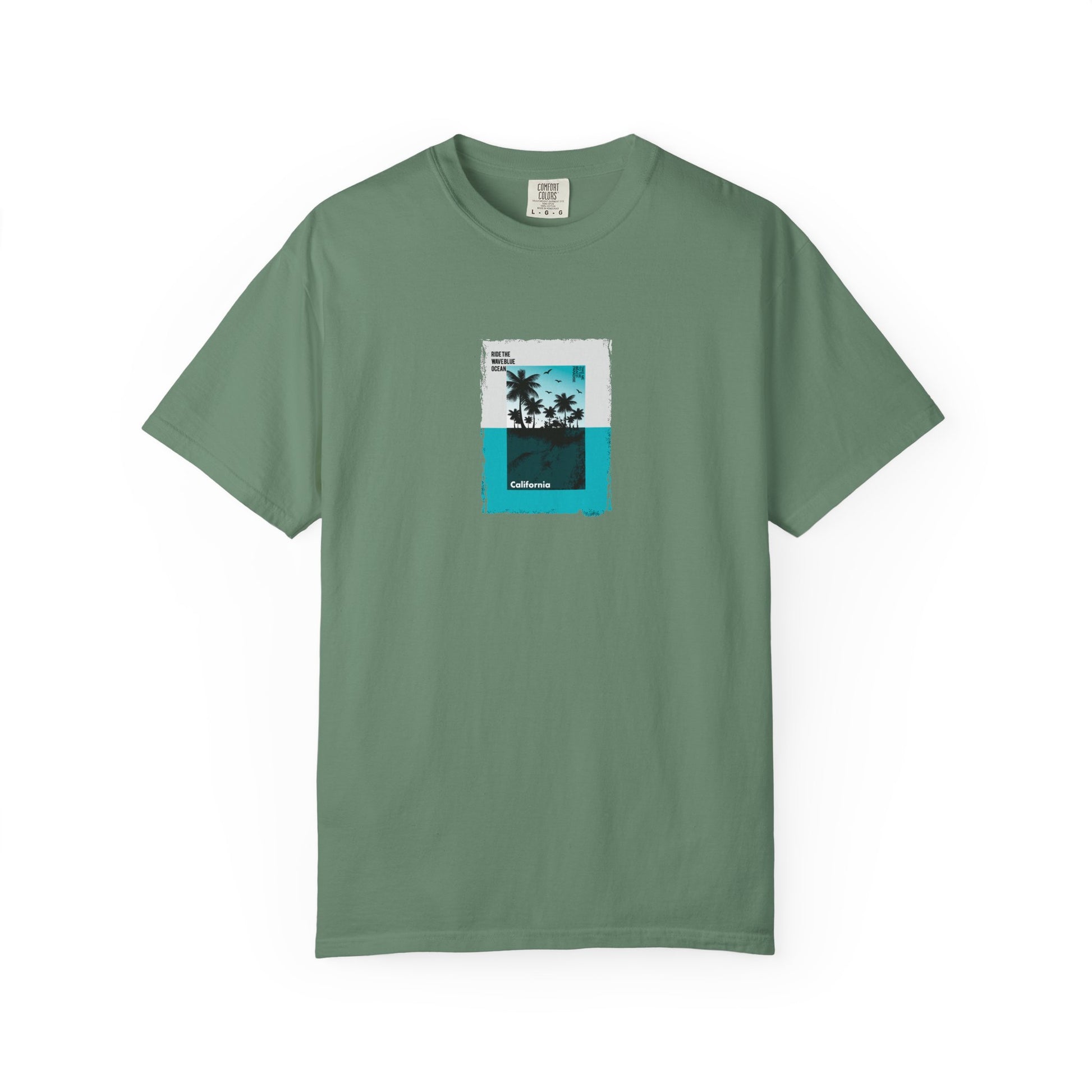 Green t-shirt with a palm tree design on a white background