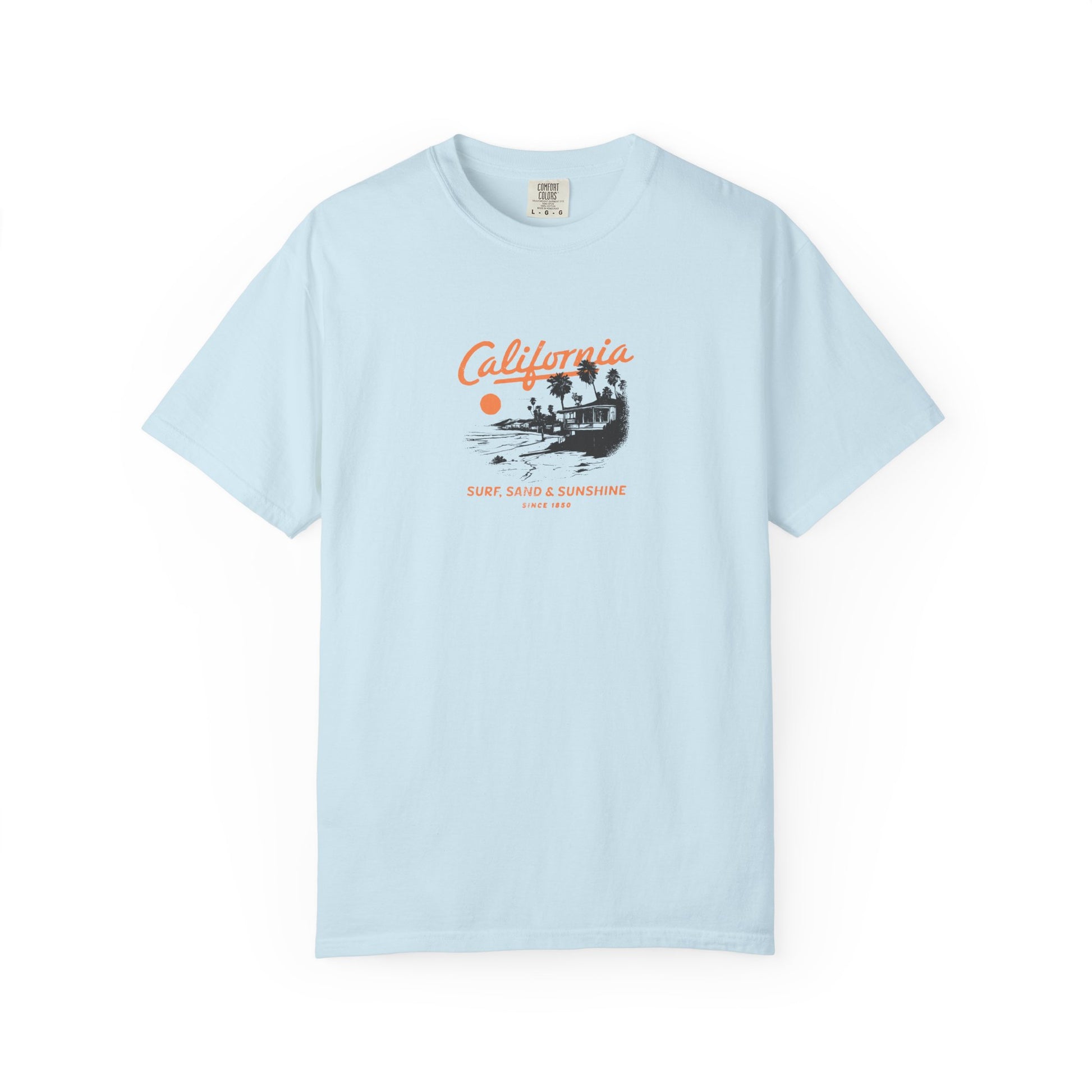Light blue t-shirt with 'California' graphic design on a white background
