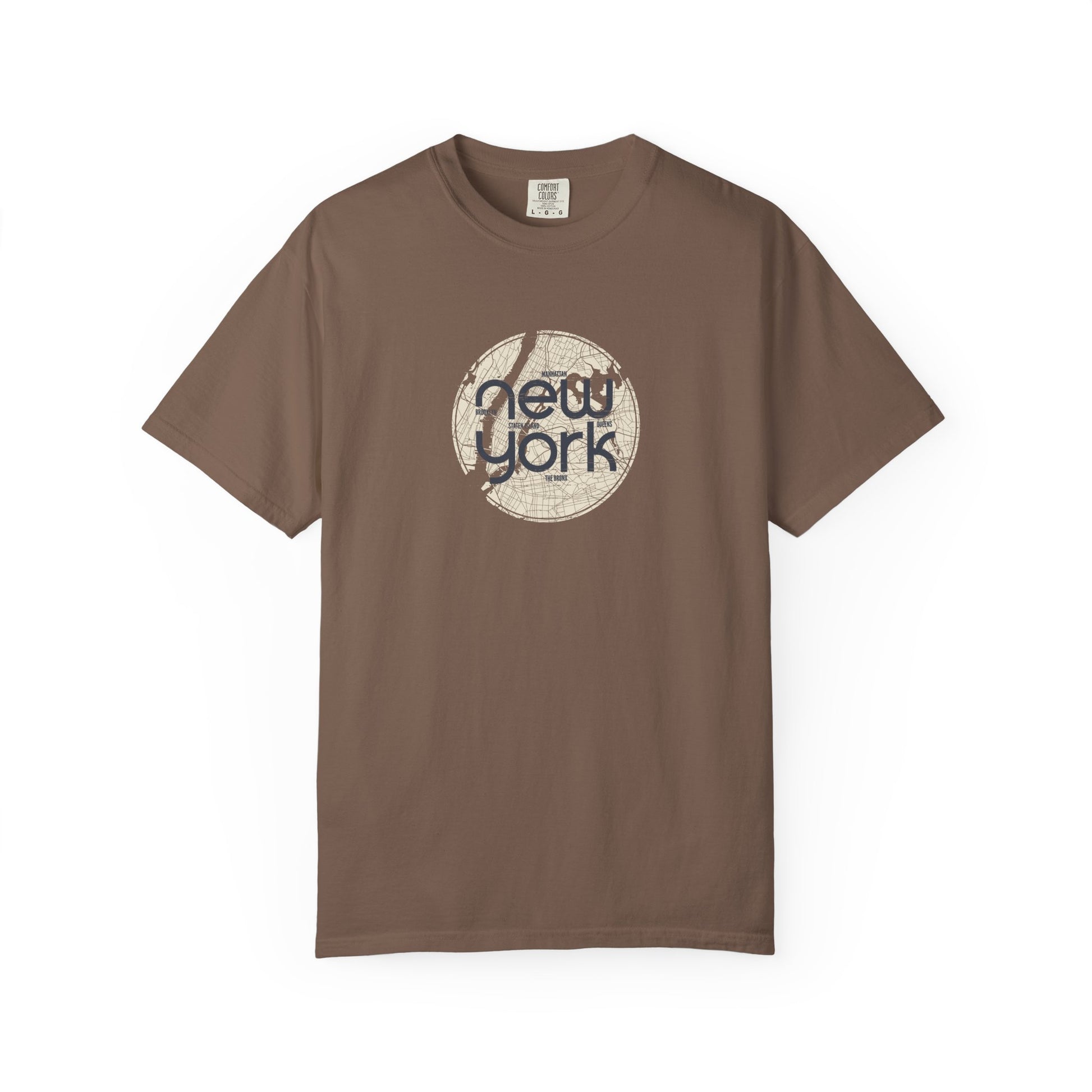 Brown t-shirt with 'New York' graphic on a white background