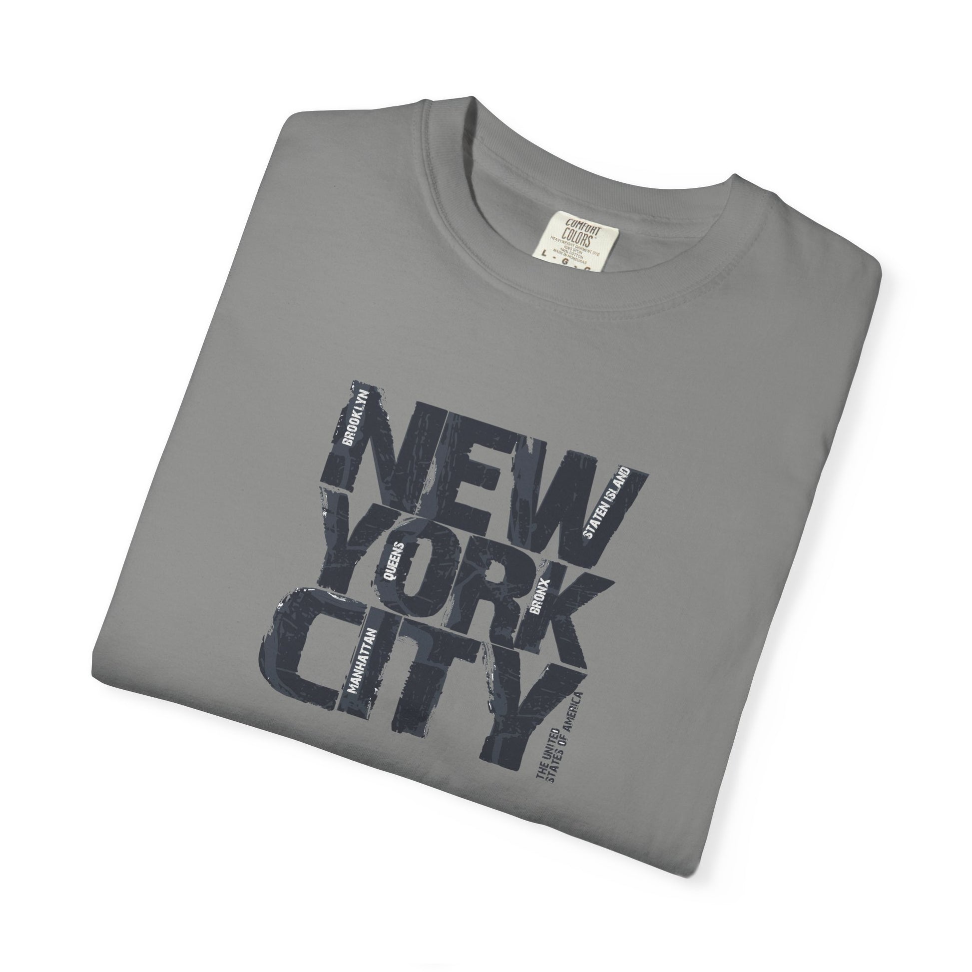 Folded gray t-shirt with 'New York City' text on a white background