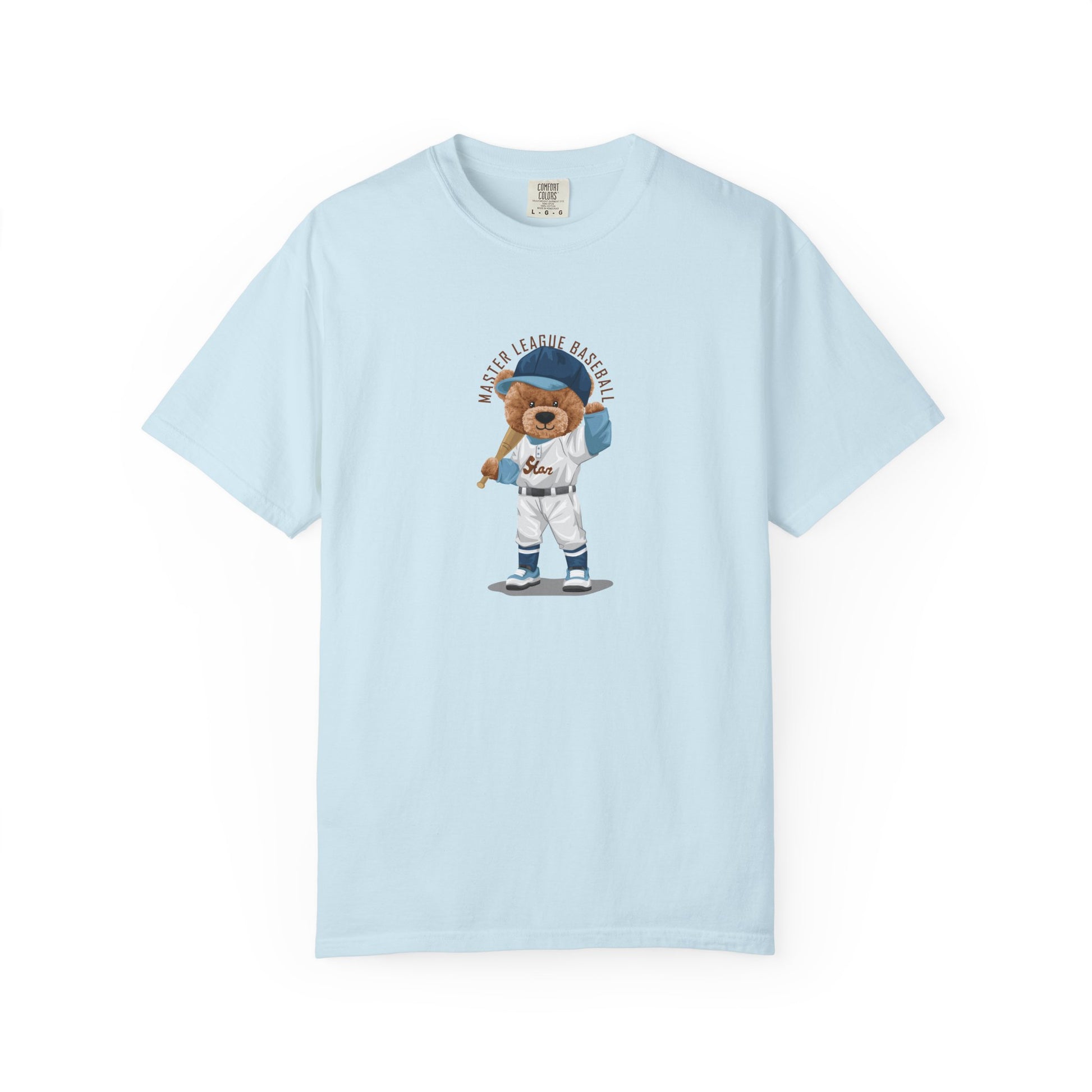 Light blue t-shirt with a bear graphic in a baseball uniform on a white background