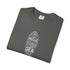 Folded gray t-shirt with a graphic of a person wearing overalls on a white background