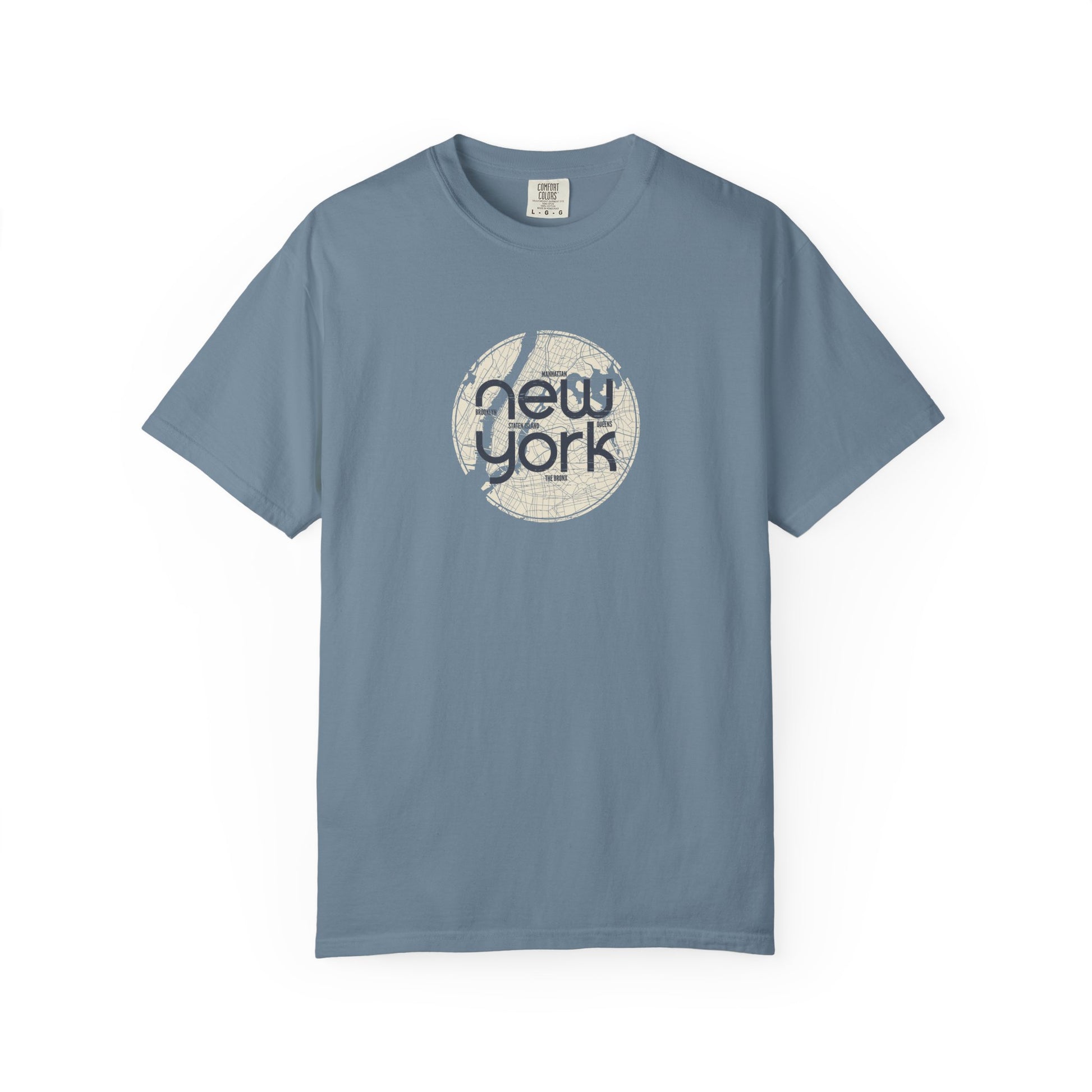 Blue t-shirt with 'New York' graphic on a white background
