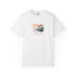 White t-shirt with 'California' graphic design on a white background
