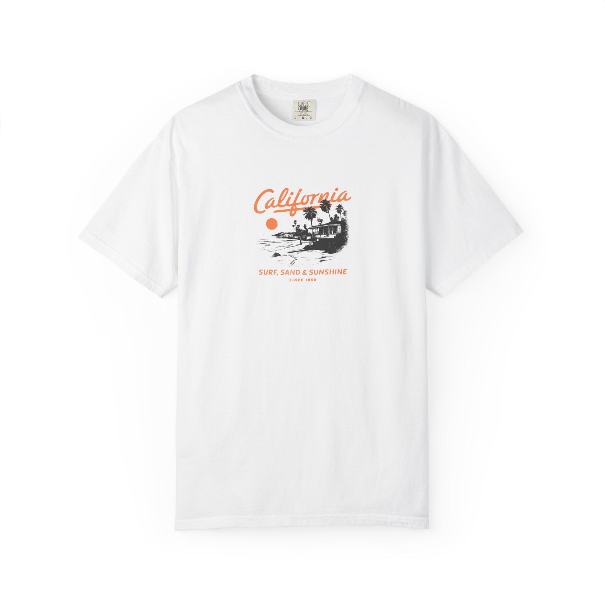 White t-shirt with 'California' graphic design on a white background