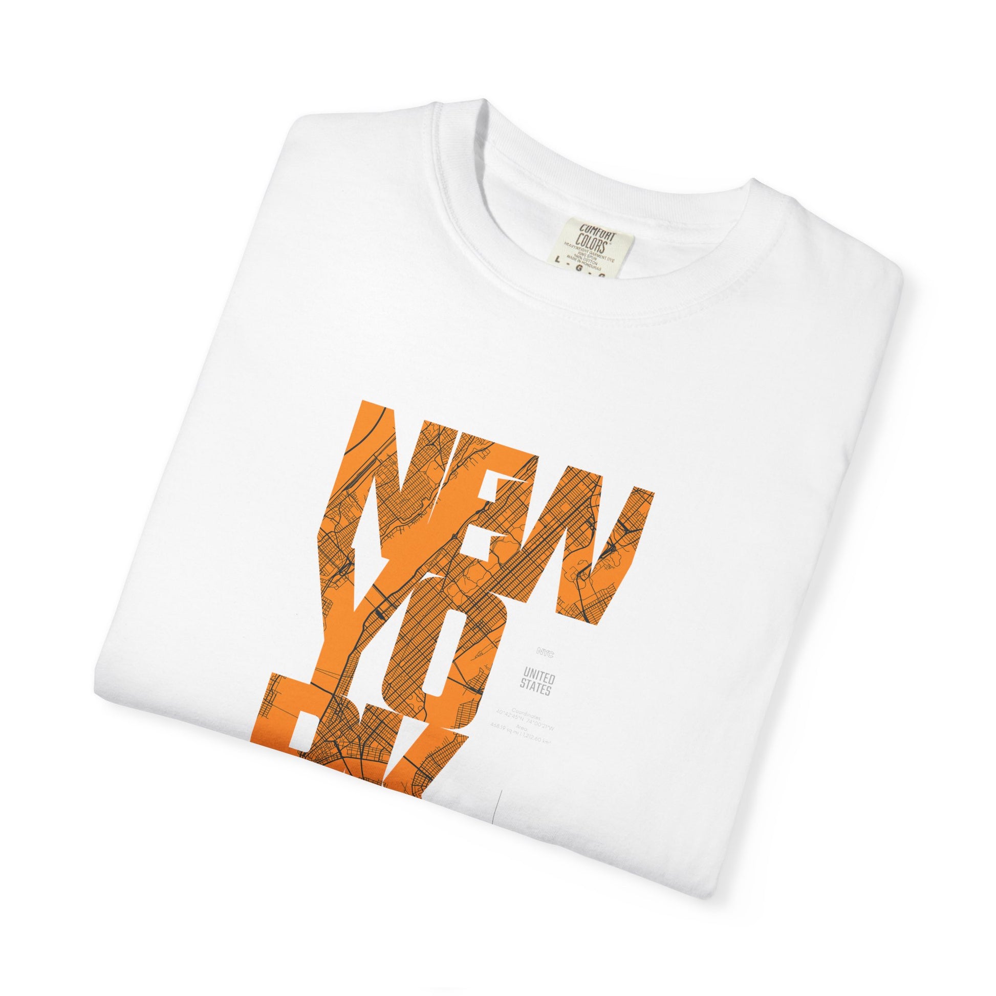 New York Typography Tee — Orange Marble Graphic T-Shirt