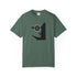 A dark green short-sleeve t-shirt with a black graphic of a face wearing sunglasses, where the lens is replaced by a pentagram symbol, shown on a plain white background.